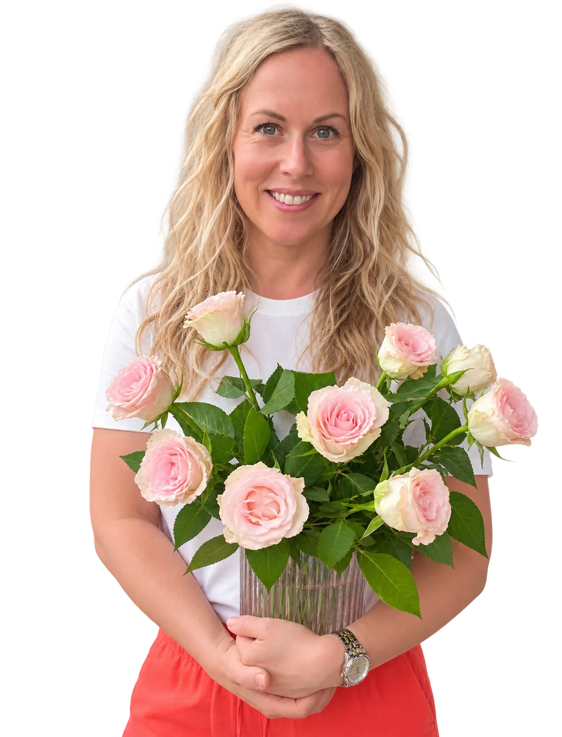 Ann-Sofie Gaviria Vetander med en bukett rosor.
